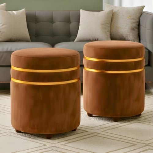 Image of Decorative Ottoman Pouffes for Sitting - Two-Piece Set of Puffy Stools and Footstools - Round Ottoman Stool for Living Room Furniture (Brown)