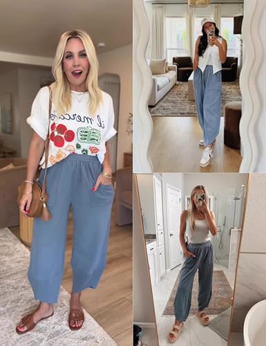 Image of Xiaoxuemeng Womens Baggy Wide Leg Pants Casual Elastic Waisted Palazzo Harem Pants with Pockets