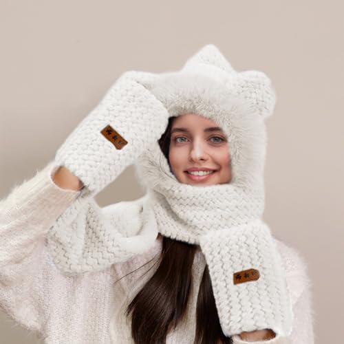 Hat Scarf Gloves Set for Women Winter, Plush Fleece Bear Neck Warmer 3-in-1 Accessory for Skiing Snowboarding 6