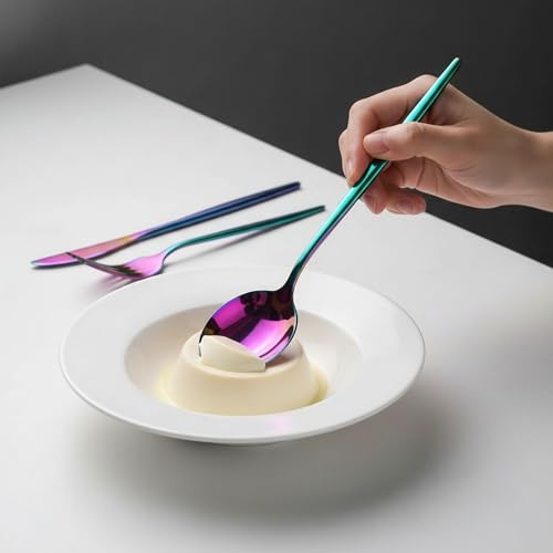 Image of 20 Pcs Rainbow Cutlery Set for Dining Table the Perfect Lightweight Silim Handle Tableware Including Dinner Spoon, Dinner Fork, Dinner Knife, Dessert Spoon & Dessert Fork