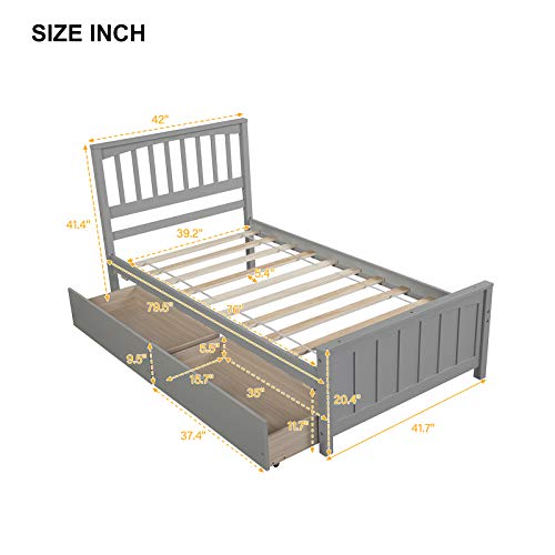 Harper & Bright Designs Twin Bed Frame With Drawers, Kids Platform Twin Bed With Storage, Solid Wood, No Box Spring Needed (Light Grey (Drawers)) #TOP3