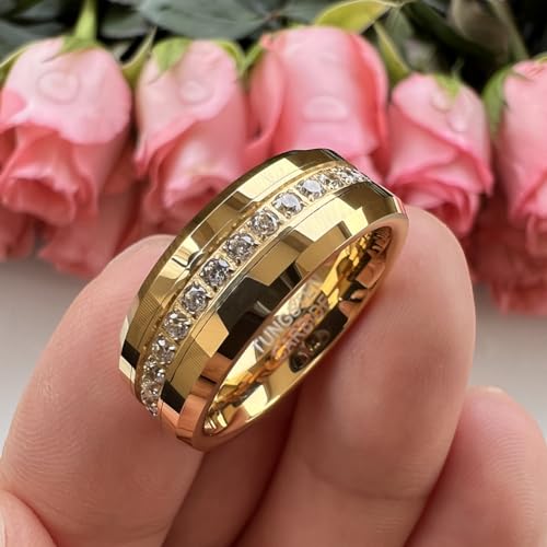8mm Silver/Black/Gold Tungsten Rings for Men Women Couple Eternity Anniversary Engagement Wedding Bands Fashion Jewelry CZ Stone Inlay Beveled Polished Shiny Comfort Fit4