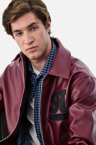 Image of SNITCH Men Streetwear Jacket| Regular Fit Full Sleeve Notch Lapel & Abstract Embroidered Back Design | Durable & Lightweight Polyester Fabric For Casual Urban Outings
