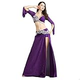 ROYAL SMEELA Bauchtanz Rock BH Set Frauen Tanzen Kostüm Perlen-Bohr Rückenfrei Lange Ärmel BH Oberteil Gürtel Hoher Schlitz Röcke Schwarz Lila Sexy Tanzoutfit