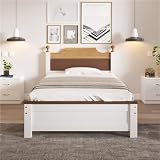 hrijusdif Cabecero de cama doble y reposapiés de MDF, cama acolchada con somier, adecuada para habitaciones de adolescentes y adultos (blanco+90 x 200)