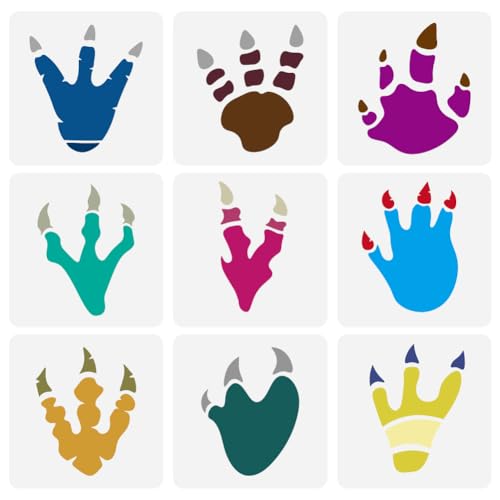 FINGERINSPIRE 9PCS Dinosaur Footprint Painting Stencil 15x15cm Animal Dinosaurs Painting Templates Animal Footprint Pattern Stencil for Painting on Wood Wall Fabric Furniture DIY Home Decor