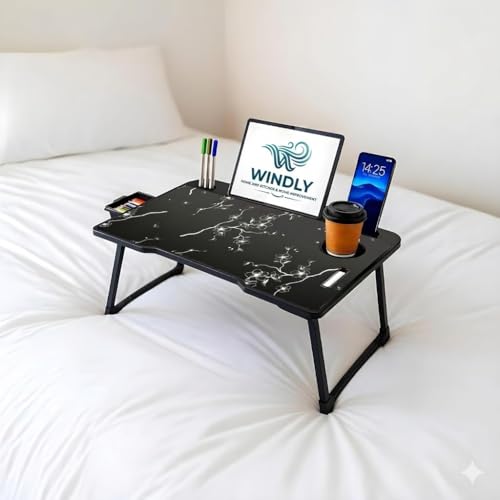 Image of WINDLY Smart Multipurpose Foldable Laptop Table with Cup Holder, Study Table, Bed Table, Breakfast Table, Foldable and Portable /Ergonomic & Rounded Edges /Non-Slip Legs