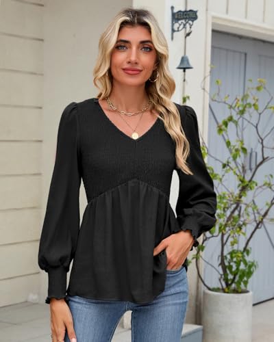 HEYTALALA Womens Long Sleeve Shirts V Neck Peplum Tops Dressy Casual Smocked Babydoll Blouses 2025 Fall Trendy Outfits2