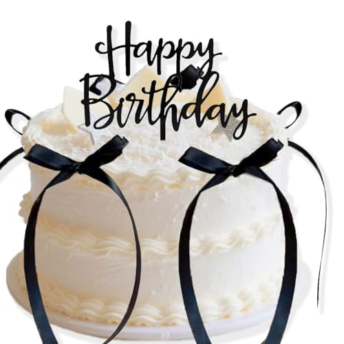 7 Pièces Décorations pour Cakes avec Nœud, Décoration de Gâteau Noir Bow Ruban Gâteau Toppers avec Signe Joyeux Anniversaire, pour Fête de Mariage...