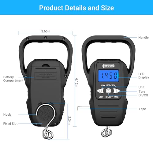 Dr.meter Fish Scale - Upgraded Backlit LCD Display Digital Scale with Built-in Measuring Tape - 110lb/50kg Fishing Scale with 2 AAA Batteries, Large Handle - Fishing Gifts for Men