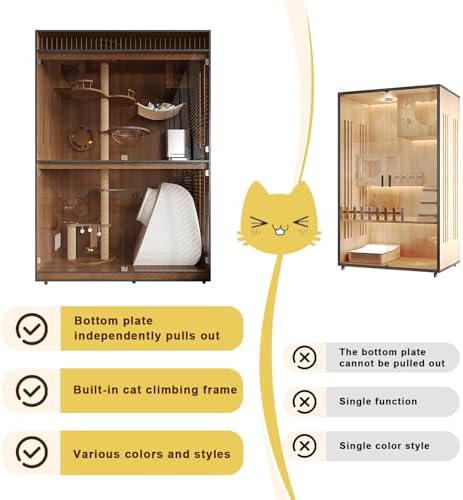 Luxury Indoor Cat Villa - Multi-Level Wooden Enclosure with Cat Tree, Tempered Glass & Iron Mesh Door, Heavy Duty Design, Pull-Out Bottom Plate, Elegant Cat Furniture
