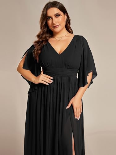 Image of Ever-Pretty Plus Women's Plus Size V Neck Half Sleeves Slit A Line Floor Length Bridesmaid Dress 01886-DA