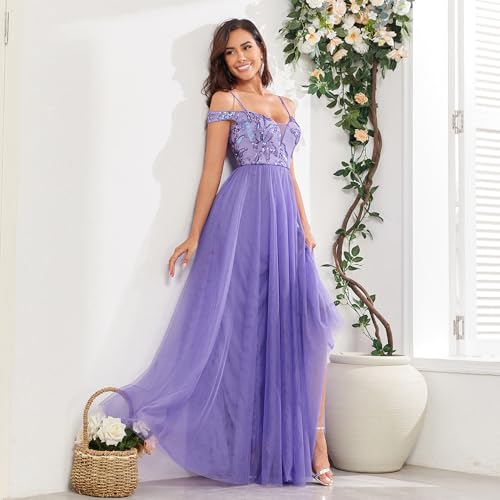 Formal Dresses Long Tulle Evening Gowns Sleeveless Off Shoulder A Line Sparkly Sequin Party Guest Homecoming Dress4
