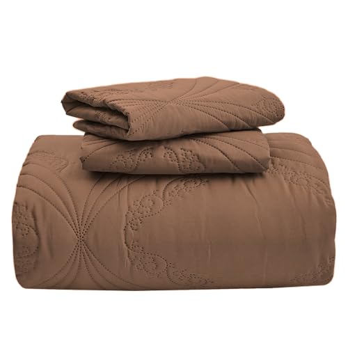 Image of Kingnex Oversized King Bedspreads 128x120 for Tall King or Cal King Bed Ultrasonic Quilted Coverlet Set 3 Piece Include 1 Extra Wide Quilt 2 Pillowcases Coffee