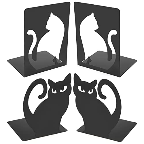 2 Paar Buchstützen Metall Katze Buchstütze Anti Rutsch Bücherstütze Bücherständer Schwarz Bookends Book Holder für Bücher DVDs Bücherhalter für Regal, Büro, Bibliothek, Haus und Schule