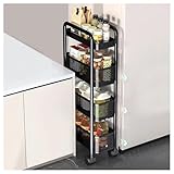 キッチンワゴン 隙間収納 スライド式 キャスター付き 冷蔵庫横 洗濯機横 調味料棚 ラック 省スペース 洗面所 (白, 幅19.6×奥行44×高さ90cm 4段 ブラック)