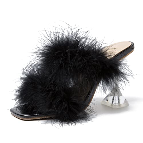 Women's Square Toe Fuzzy Heels High Clear Heel Mules Sandals Two Fluffy Feather Bands Slippers Party Prom Dresses Shoes Black 43 US9.5