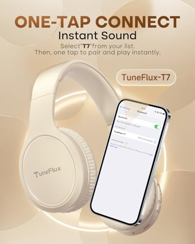 Image of TuneFlux Bluetooth Headphones,70H Playtime Bluetooth 6.0 Wireless Headphones,3 EQ Music Modes Foldable Lightweight Over Ear Headset with Clear Call,HiFi Deep Bass for Home Office Travel (Beige)