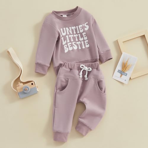 Kleinkind Baby Junge Mädchen Outfits Aunties Little Bestie Lustige Buchstaben Sweatshirt Pullover Langarm Tops Jogger Hosen Zweiteiliges Babykleidungsset (Lila, 0-6 Months)