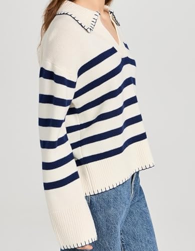 Image of Kedera Women's Casual Striped Pullover Sweater Long Sleeve Polo V Neck Lightweight Loose Fit Knit Jumper Tops, Small