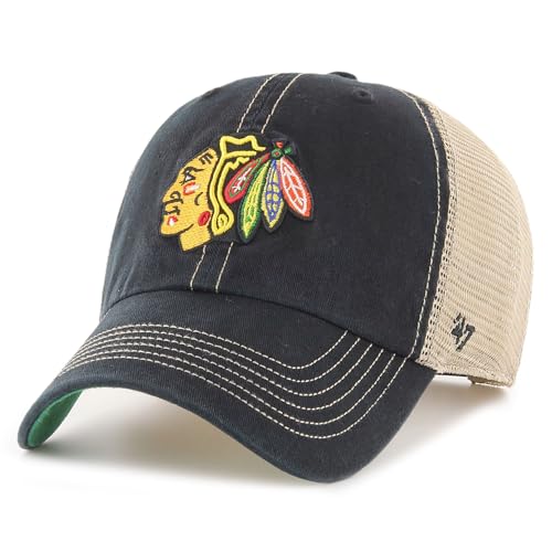 47 Chicago Blackhawks Mens Womens Trawler Clean Up Adjustable Strapback Black Hat with Team Color Logo