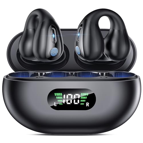 Boytond Cuffie Bluetooth Open Ear,Auricolari Bluetooth 5.3 Impermeabili con 4 Mic, 36 Ore Auricolare Bluetooth a Clip LED Display USB-C,Cuffie Wireless per Sport IP6