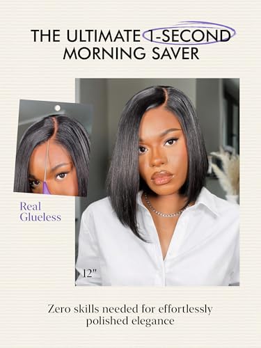 LUVME HAIR Bob Wig 100% Human Hair Wigs Protective Wig Glueless Without Spray Lace Front 10 Inches Bob, Pre Cut Plucked Lace Short Wig Ready To Go Natural Color Straight Bleached Knots Black Wigs - Image 4