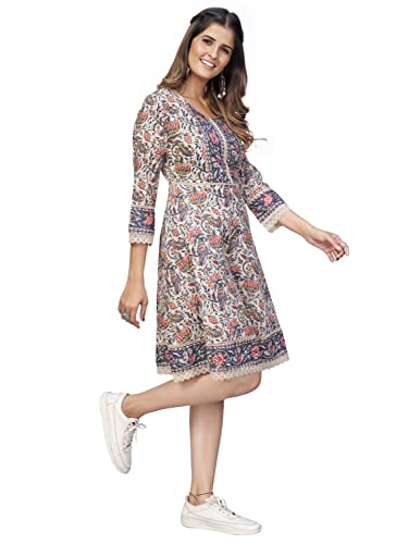 Image of Vbuyz Women's Floral Print Flared Cotton Beige Stitched Dress
