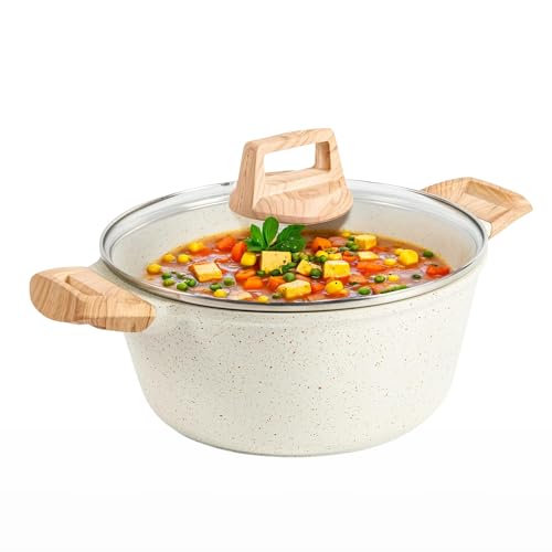 HomeEssentials Olla Maifan y Biryani Handi con tapa de cristal, cacerola antiadherente de 1,5 litros para sopa, leche y curry, compatible con inducción y gas, utensilios de cocina saludables (blanco)