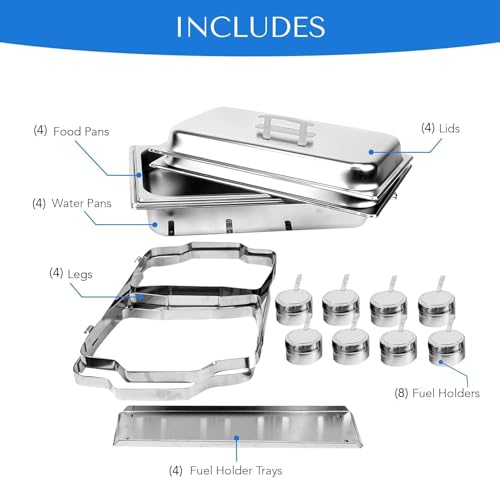 Chafing Dish Set, 8 Qt 4-Pack – No Assembly, Satin Finish Stainless Steel with Full-Size Pans, Lids, Water Pans, Folding Stands & Fuel Tray Holders – Catering Warmers