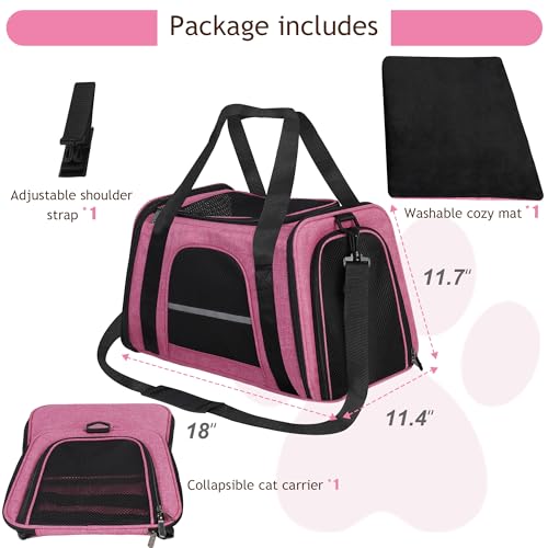 HiCaptain Transporttasche für Katzen Faltbar, mit Schultergurt, Weich Gepolstert, Transportbox für kleine Hunde Welpen bis 7kgs (Pink)-46 x 29 x 30 cm