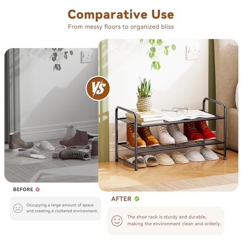 Image of Simple Shoe Rack 2 Tier 27 Inch Wide, Heavy Duty Metal Closet Shoe Organizer Shelf for Entryway, Front Door, Black