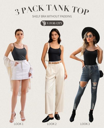 Image of V FOR CITY Unpadded Tank Top for Women with Shelf Bra Cotton Camis 3 Pack
