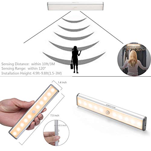 Image of Motion Sensor Closet Lights, MOSTON 10 LED Wireless Under Cabinet Lighting with Built-in Rechargeable Battery, Stick-on Anywhere Magnetic Night Lamp for Cupboard Cabinet Kitchen Wardrobe, Warm White