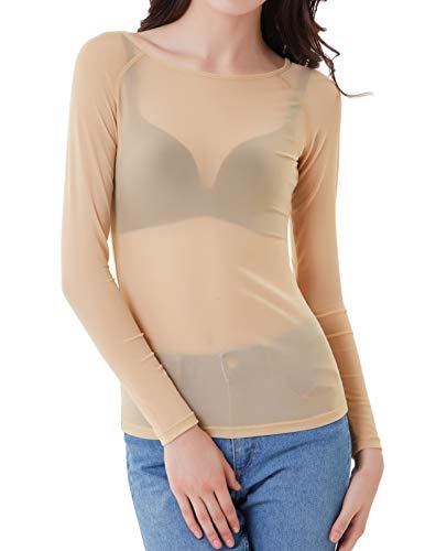 GRACE KARIN Women's Long Sleeve Mesh Sheer Top Tee Clubwear Size M Nude CL046-3