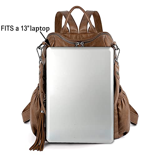 UTO Women Backpack Purse Leather Vegan Ladies Fashion Designer Rucksack Convertible Travel Shoulder Bag with Tassel Brown - Thumbnail 7