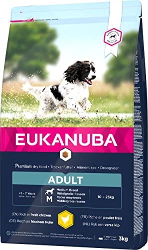 Eukanuba Hundefutter mit frischem Huhn für mittelgroße Rassen, Premium Trockenfutter für ausgewachsene Hunde, 3 kg