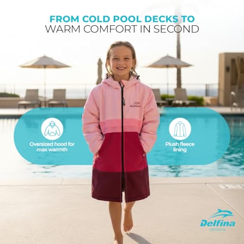 Delfina Kids Swim Parka Age 9–14 Years, Removable Sleeves Unisex Youth Swim Jacket, Water & Wind-Resistant Fleece-Lined Poolside Parka | Hood & Double Zipper | Pink - image 4