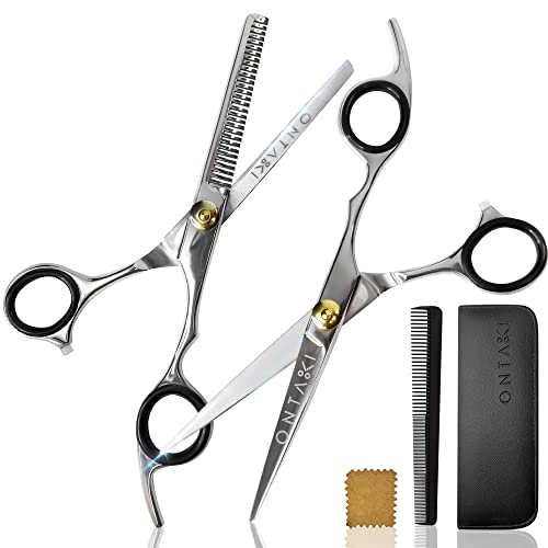 Ontaki Hair Shears & Thinning Scissors Kit - 7-Inch, Silver Japanese Steel - Precision Hair Cutting Scissors for Professionals & Home Stylists with Styling Comb & Pouch
