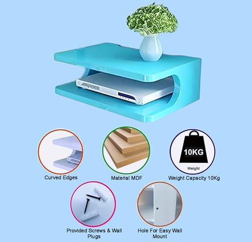 Image of Dime Store Setup Box Stand /Set Top Box Stand Wall Mount for Home Wall Shelf for Holding Speakers WiFi Router Game Console Remote Streaming Device (Standard, Blue)(Engineered Wood)
