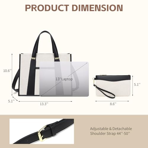 Canvas Tote Bag for Women Work, Pu Leather Laptop Handbag for Daily Use with Luggage Strap Small Wallet Black2