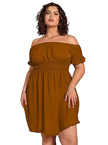 Romwe Women s Plus Size Off The Shoulder Short Sleeve A Line Flared Party Mini Dress Brown 1XL