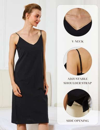 Image of Women Dress Slips for Under Dresses 100% Cotton Full Slip with Adjustable Spaghetti Strap V Neck
