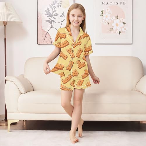 ALAZA Biscuits Yellow Satin Pajamas Set Short Sleeve Button Down Sleepwear Summer Pjs 2 Piece3
