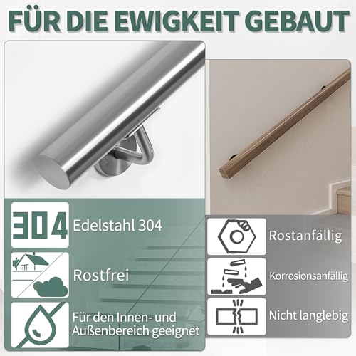 OUUTMEE Handlauf Edelstahl für Treppen 300cm Wandmontiertes Treppengeländer mit Halterungen,rund Ø 42 mm,Innen Außenhandlauf für Dachboden, Veranda, Garage Terrasse