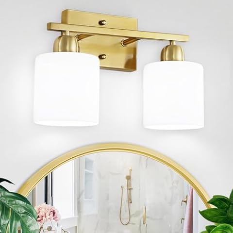 FAISHILAN 2-Light Brushed Gold Vanity Lights for Bathroom, Gold Vanity Lights for Bathroom with Milky White Frosted Glass Shades, Gold Bathroom Light for Mirror, Bedroom, Living Room, E26 Base Cover