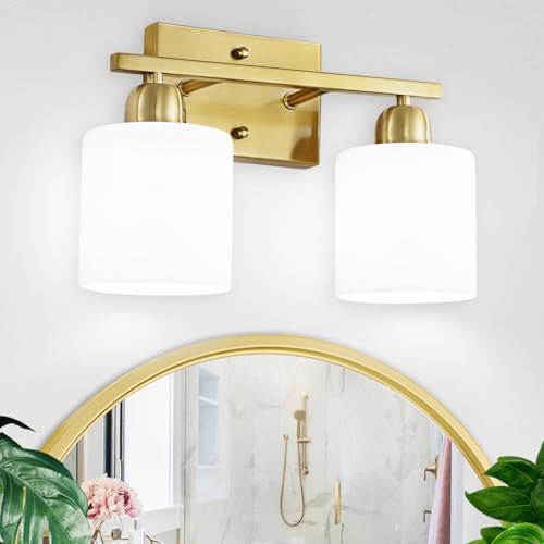 Image of 2 Light Bathroom Vanity, Bathroom Lights Over Mirror with Milky White Frosted Glass Shades, Gold Vanity Light for Mirror Living Room Bedroom Hallway E26 Base