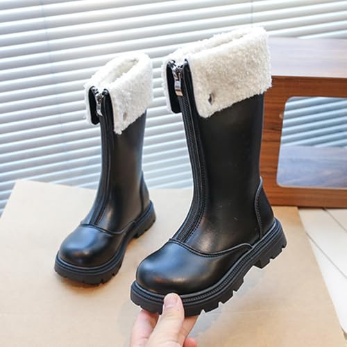 Front Zipper Girls Fleece Fur Lined Cowboy Boots Mid Calf Chunky Low Heel Winter Snowday Motorcycle Biker Boots2