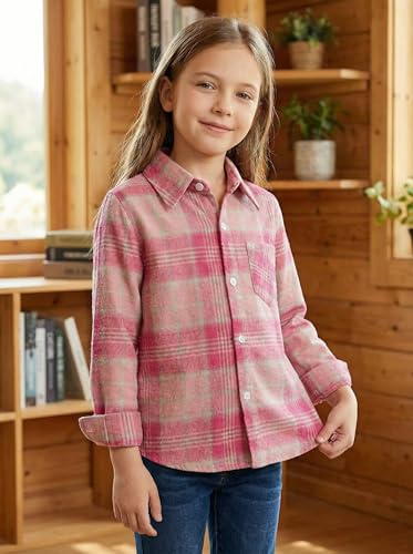 Image of SELINK Girls Long Sleeve Flannel Buffalo Plaid Button Down Shirt | Soft Flannel Fabric,Classic Buffalo Plaid Button Down Collared Blouse For Girls Casual Daily Outfits