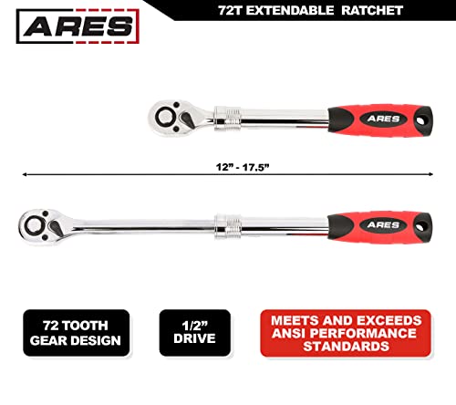Ares 42058-1/2-Inch Drive 72-Tooth Extendable Ratchet – Made Of Chrome Vanadium Steel - Mirror Polish Chrome Finish - Comfort Grip Injection Handle - Quick Release For Easy Socket Change #TOP1